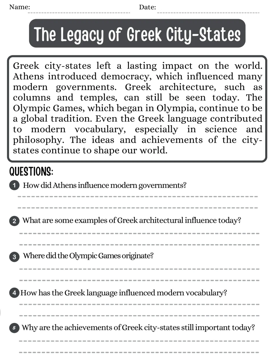 Legacy of Greek city-states: students read about democracy, columns and the Olympics today, then answer 5 questions