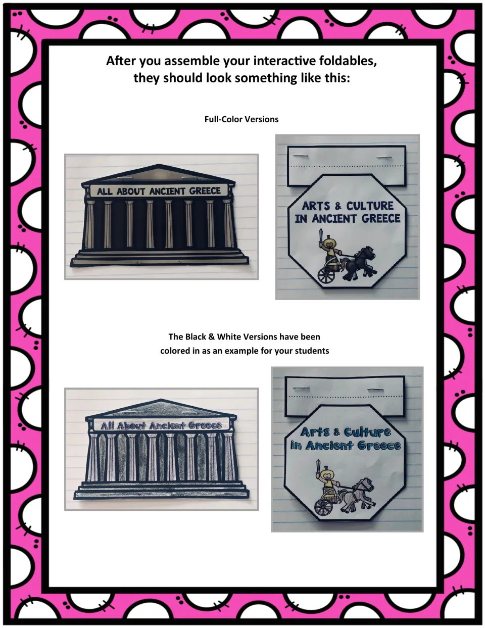 Assembly examples show the ancient Greece and arts and culture booklets in color and colored black and white