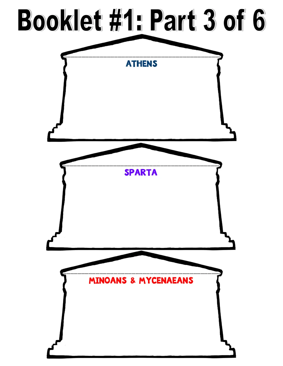 Booklet 1, part 3 of 6: three writing pages labeled Athens, Sparta, and Minoans & Mycenaeans