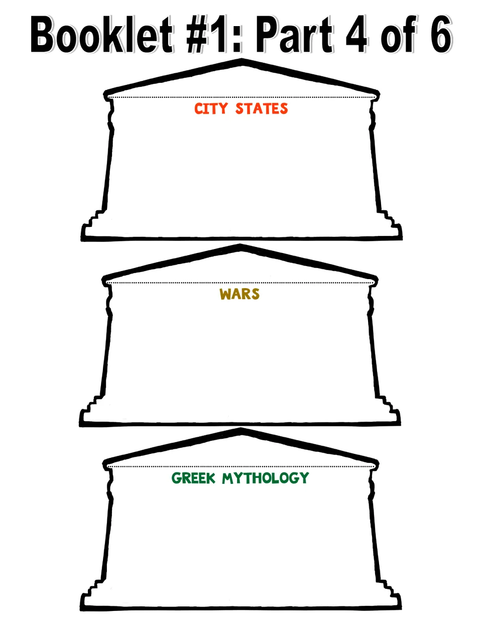 Booklet 1, part 4 of 6: three writing pages labeled City States, Wars, and Greek Mythology