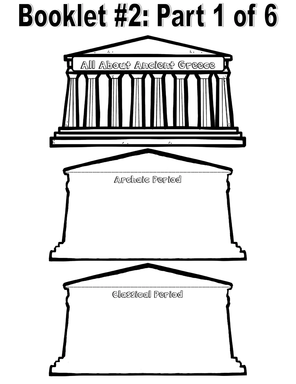 Booklet 2, part 1 of 6: black-and-white history cover and Archaic and Classical Period writing pages