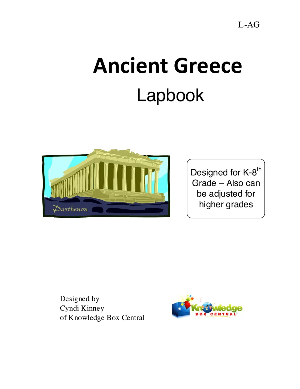 Lapbook cover identifying Ancient Greece as the topic, designed for K–8 and adaptable for higher grades
