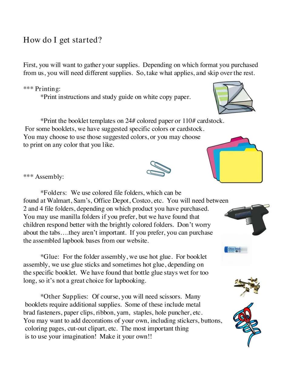 Lapbook supply guide explaining printing paper, colored booklet paper, file folders, glue, and scissors
