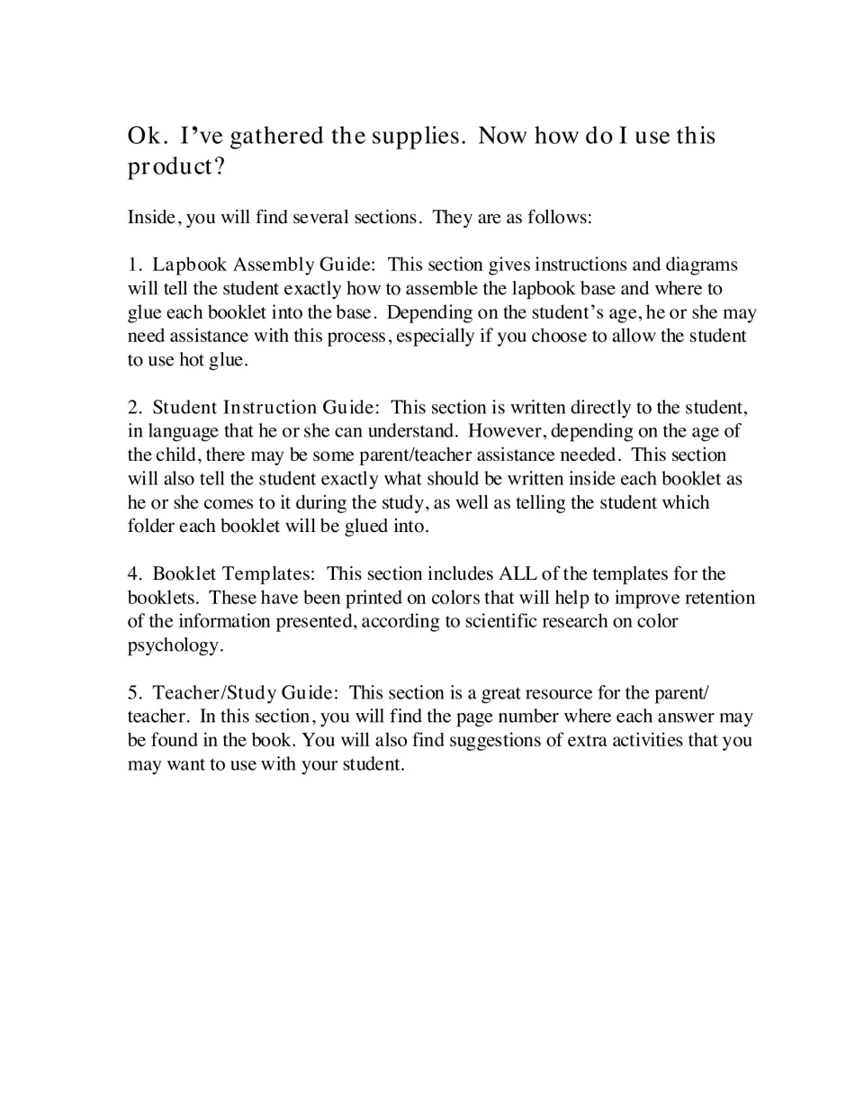 Lapbook section guide describing assembly directions, student instructions, templates, and teacher support