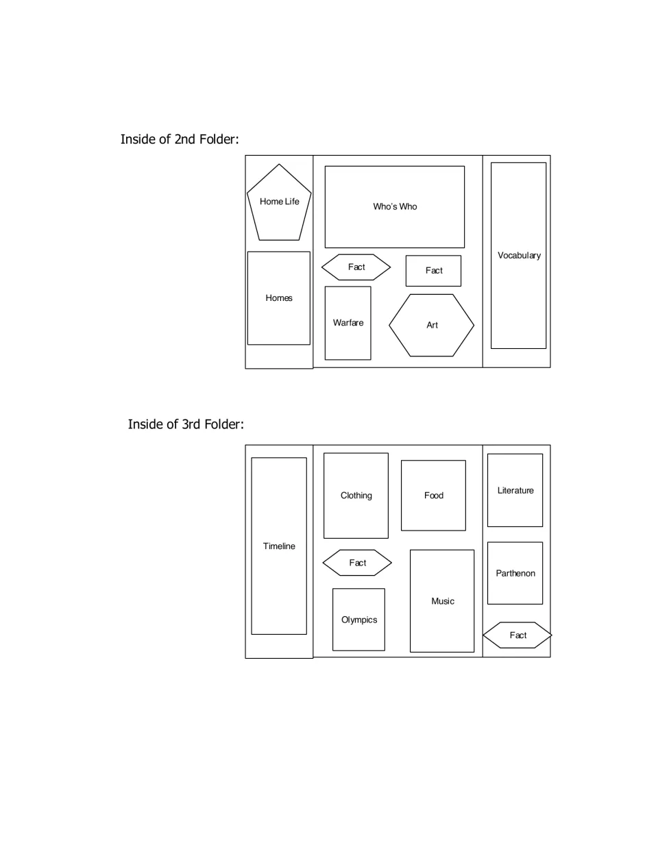 Lapbook placement guides for folders 2 and 3 include home life, warfare, vocabulary, timeline, and Olympics