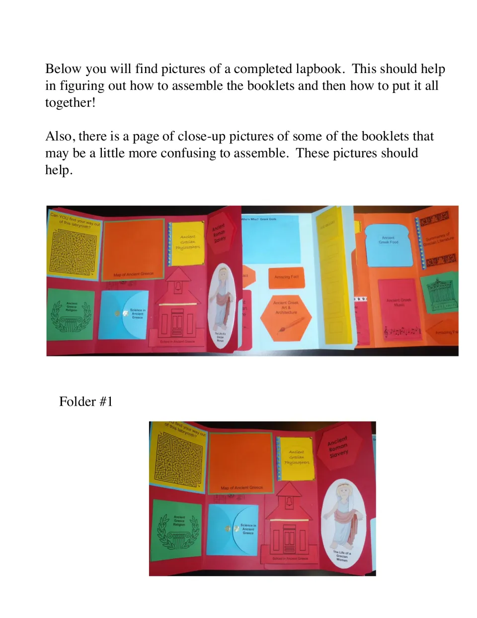 Completed lapbook assembly examples show the connected folders and a closer view of the first folder