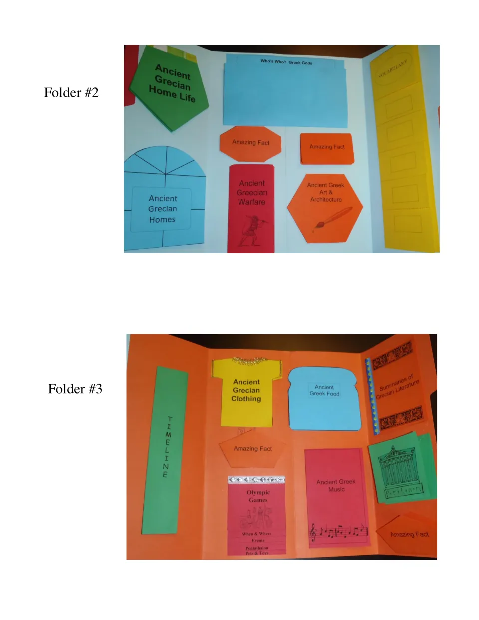 Completed lapbook folders 2 and 3 show Greek gods, home life, art, clothing, food, music, and other booklets