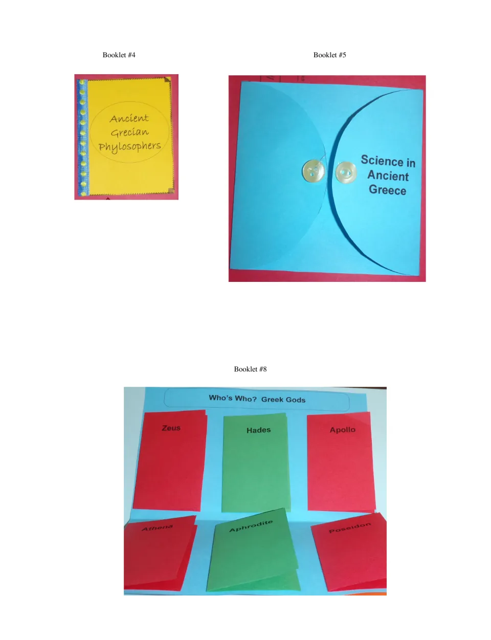 Lapbook assembly close-ups show booklet 4 on philosophers, booklet 5 on science, and booklet 8 on Greek gods