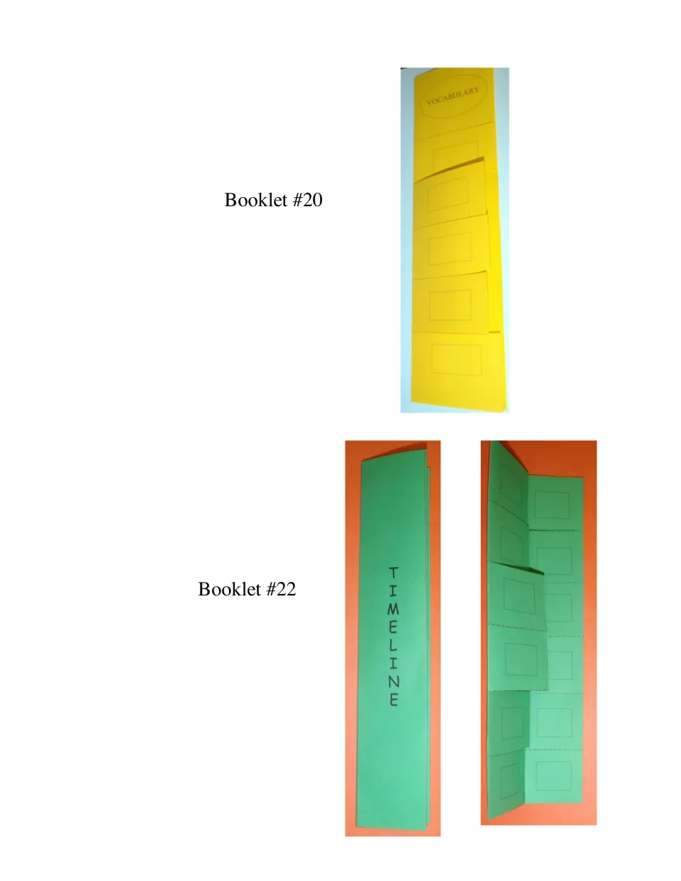 Lapbook assembly close-ups show vocabulary booklet 20 and timeline booklet 22, including its opened flaps