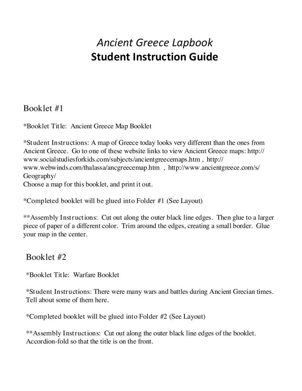 Student guide for booklets 1 and 2 directs students to print an ancient Greece map and describe wars