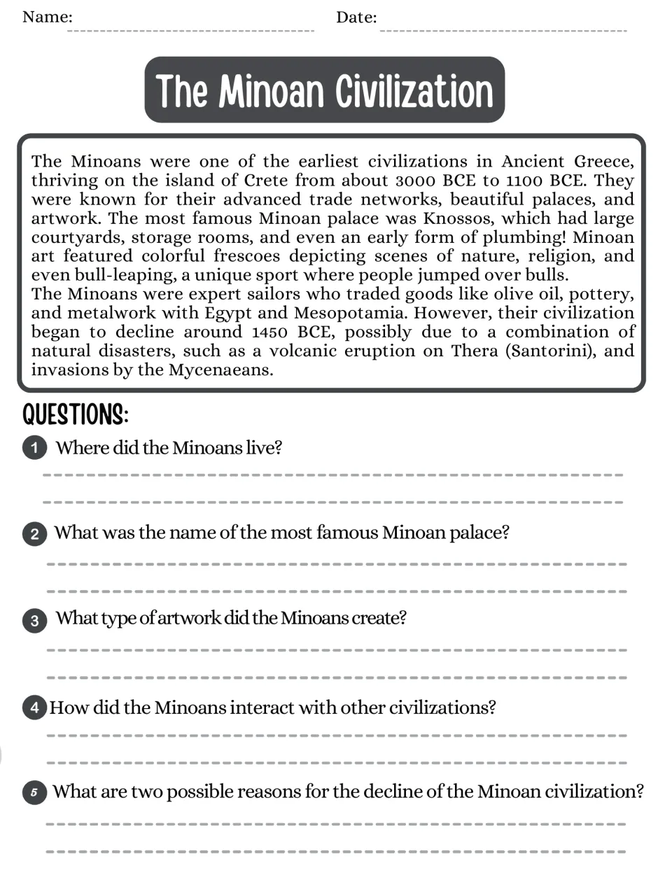 Minoan civilization reading passage and five questions on Crete, Knossos, frescoes, trade, and decline.