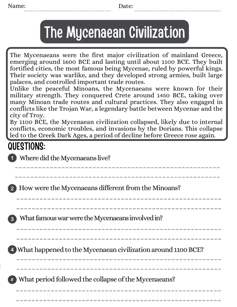 Mycenaean civilization passage and five questions on mainland Greece, military strength, war, and collapse.
