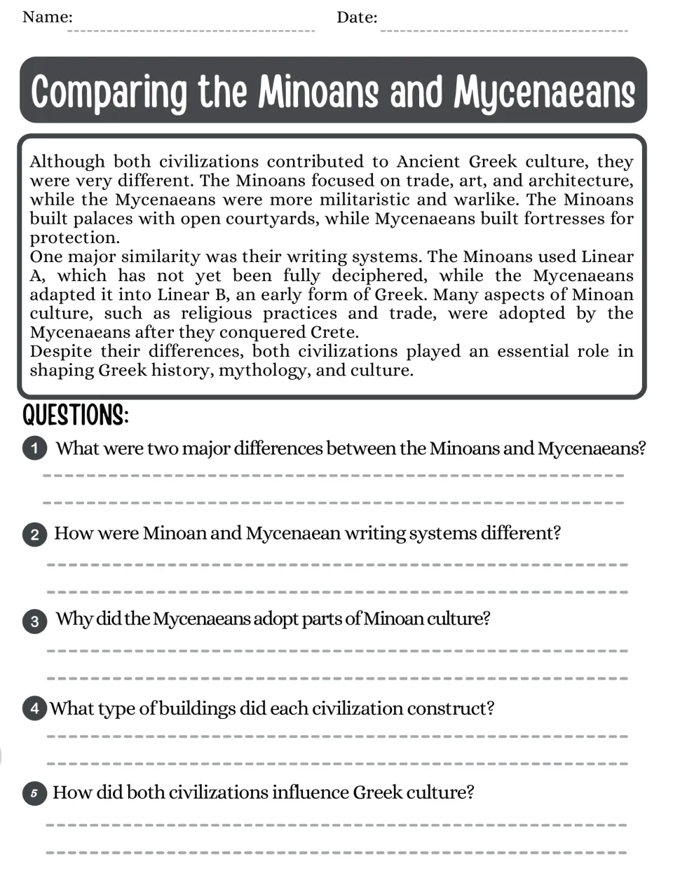 Minoan and Mycenaean comparison passage and five questions on writing systems, buildings, and cultural influence.
