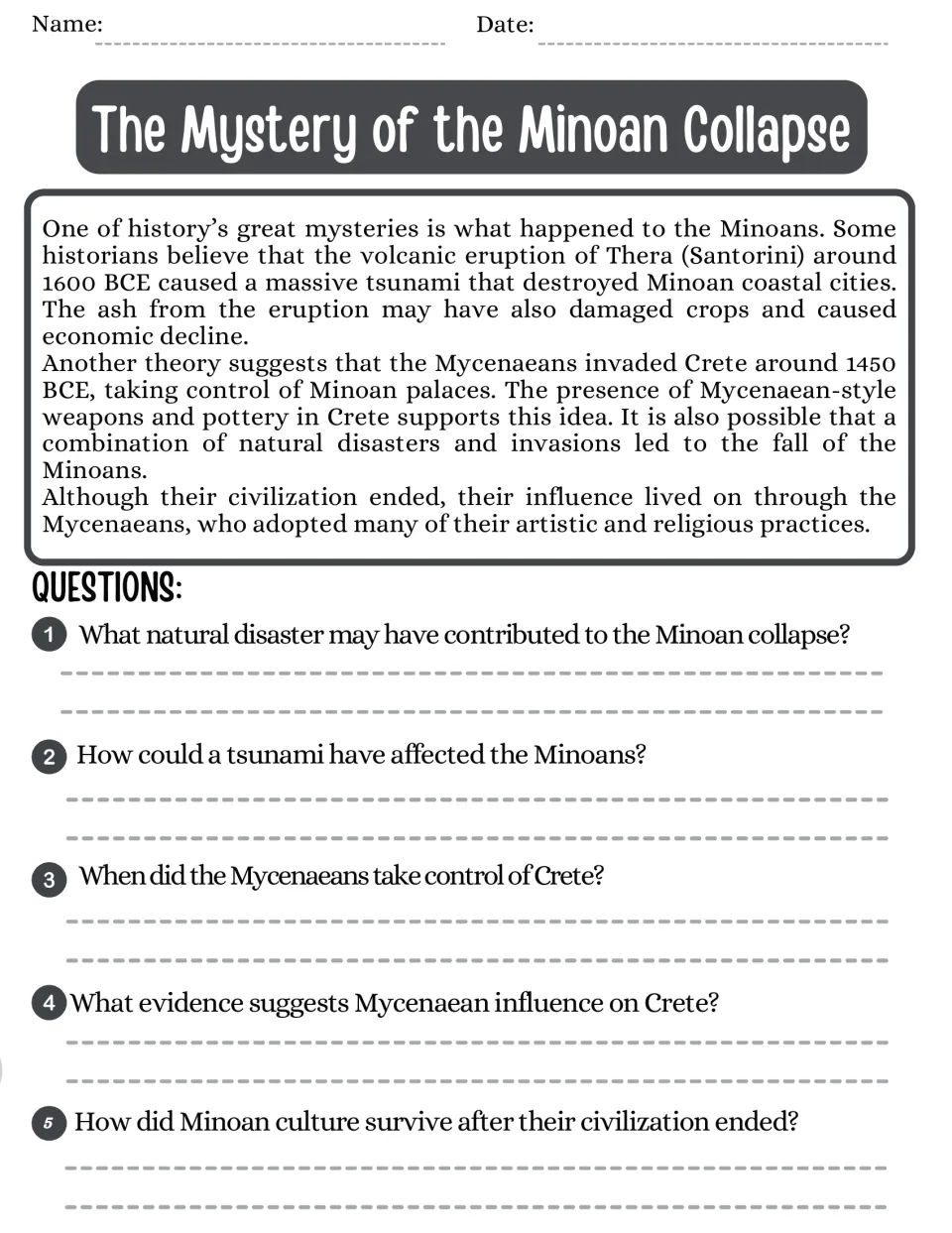 Minoan collapse reading passage and five questions on Thera's eruption, tsunami damage, and Mycenaean conquest.