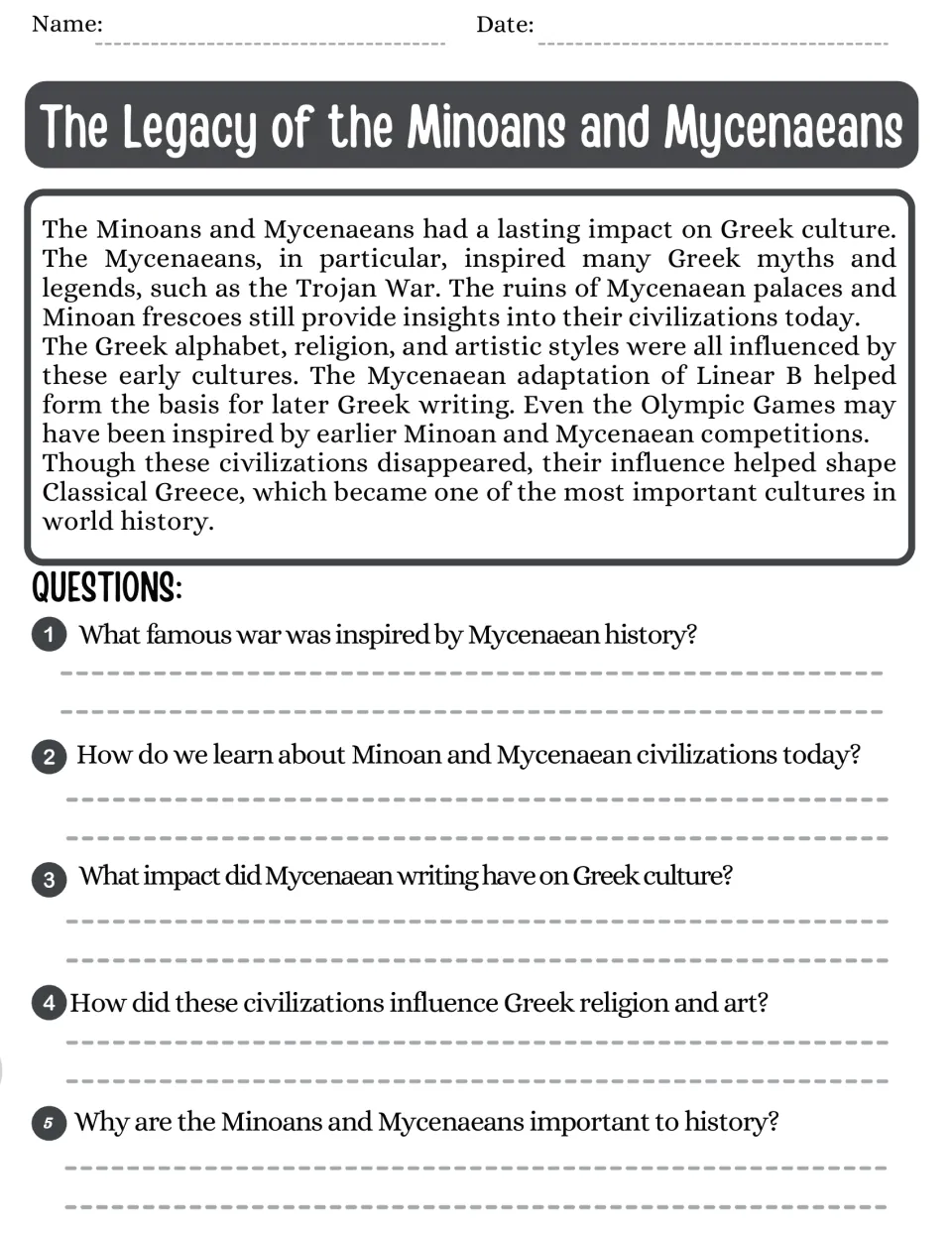 Minoan and Mycenaean legacy passage and five questions on the Trojan War, ruins, writing, religion, and art.
