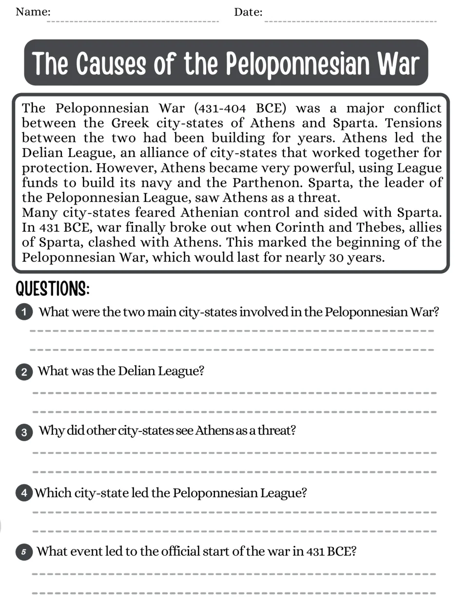 Causes of the Peloponnesian War: students read about Athens, Sparta and the Delian League, then answer 5 questions