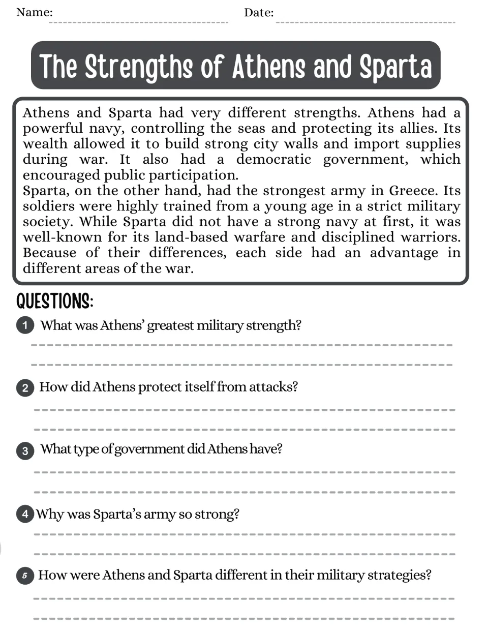 Strengths of Athens and Sparta: students read about navy versus army and answer 5 questions comparing the two city-states
