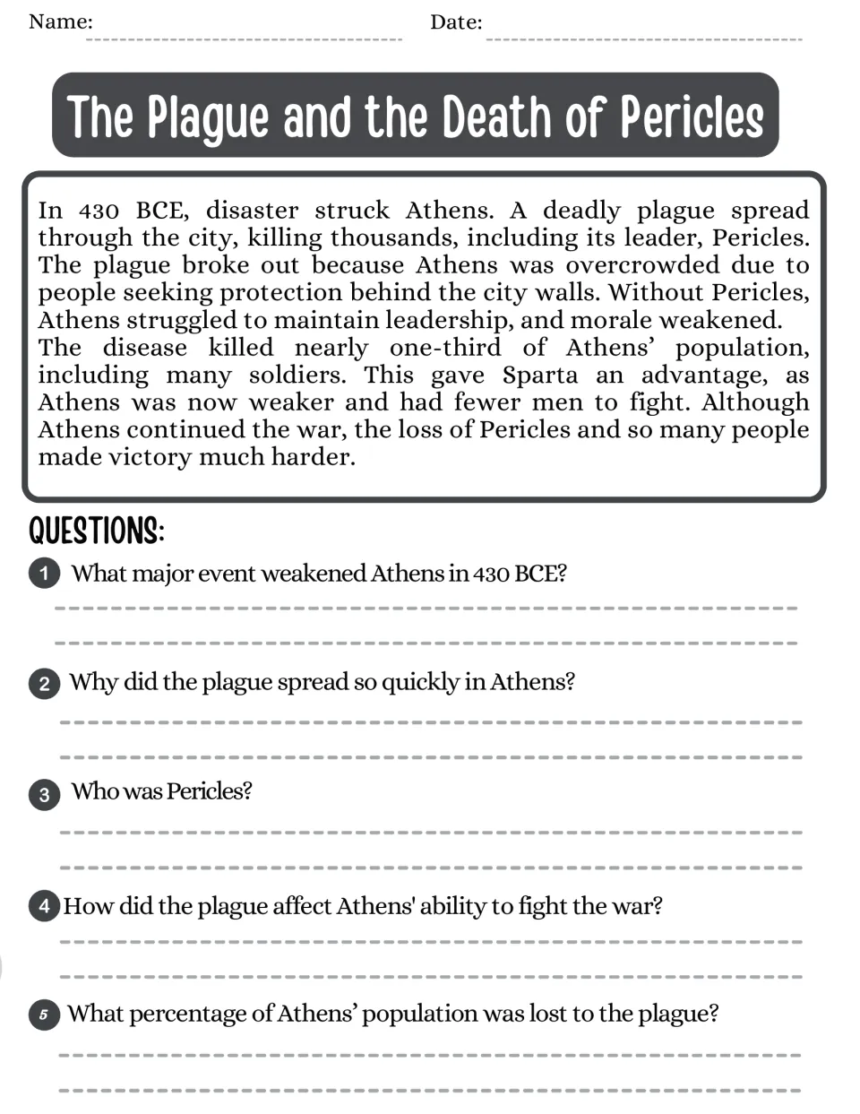 Plague and death of Pericles in 430 BCE: students read how disease weakened Athens and answer 5 questions on its effects