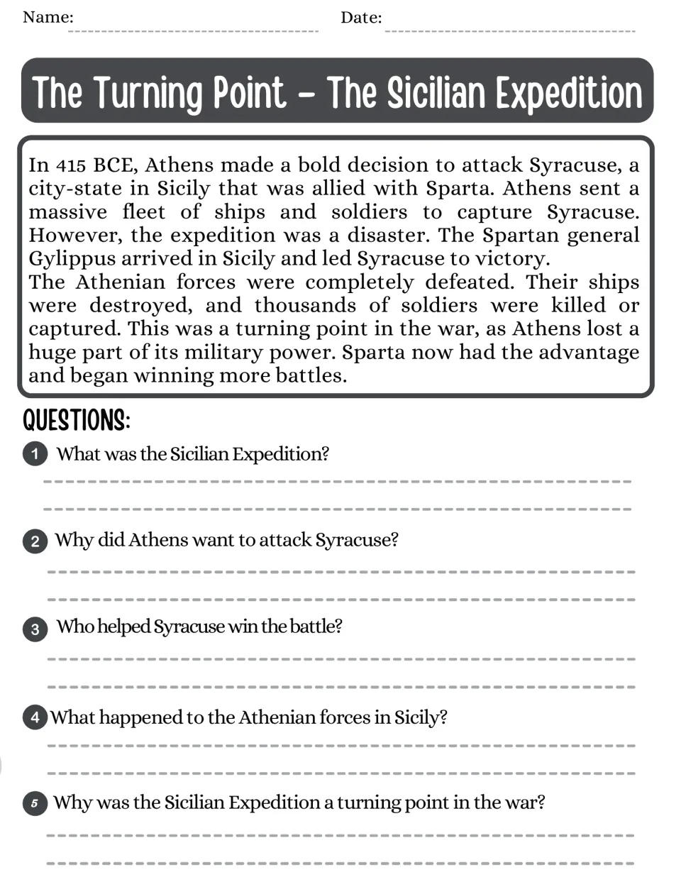 Sicilian Expedition as the war's turning point: students read about Athens' defeat at Syracuse and answer 5 questions