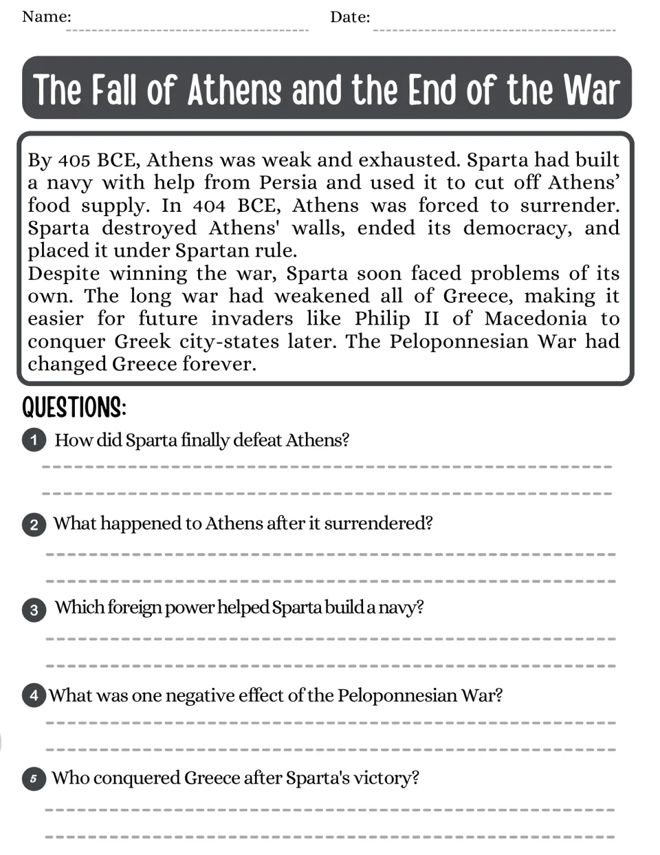 Fall of Athens and end of the war in 404 BCE: students read about Sparta's victory and its aftermath, answer 5 questions