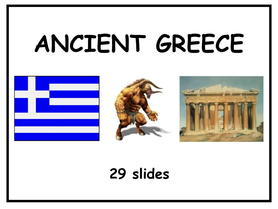 Ancient Greece title slide for a 29-slide presentation, showing the Greek flag, a minotaur and a ruined temple