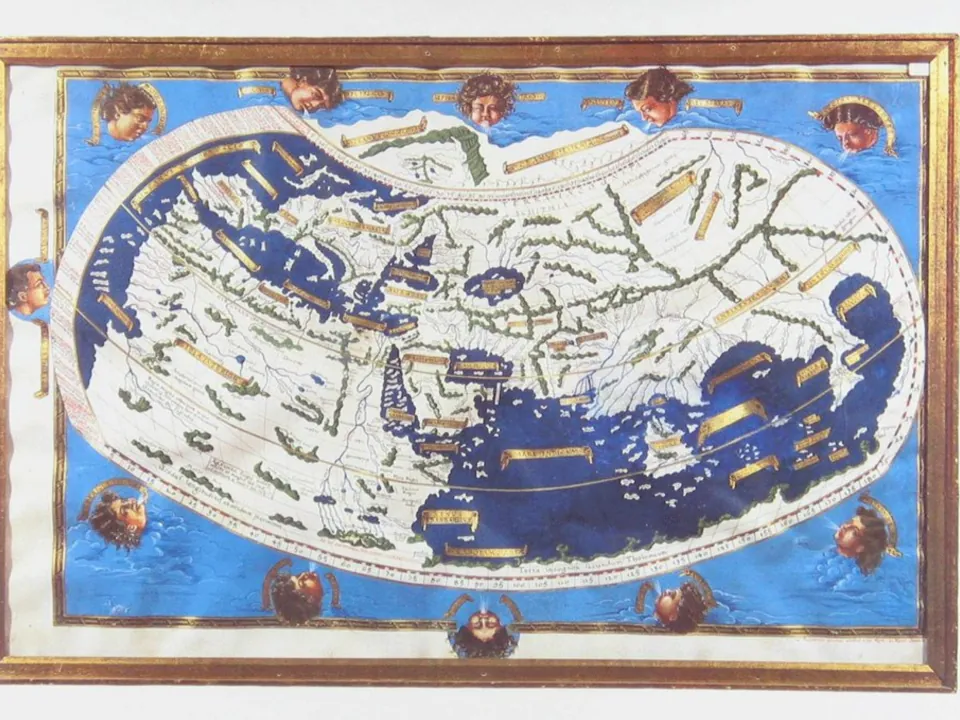 Ptolemy's map of the known world, a curved hand-drawn chart in blue and gold with wind faces blowing around its edges