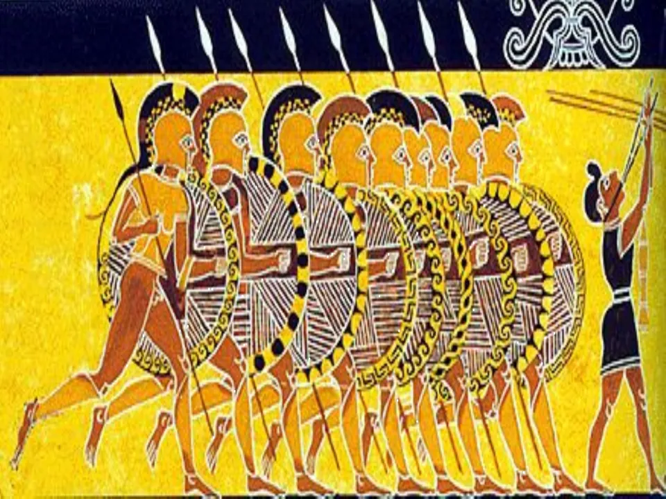 Ancient painting of a line of hoplites marching with spears, crested helmets and round shields on a yellow ground