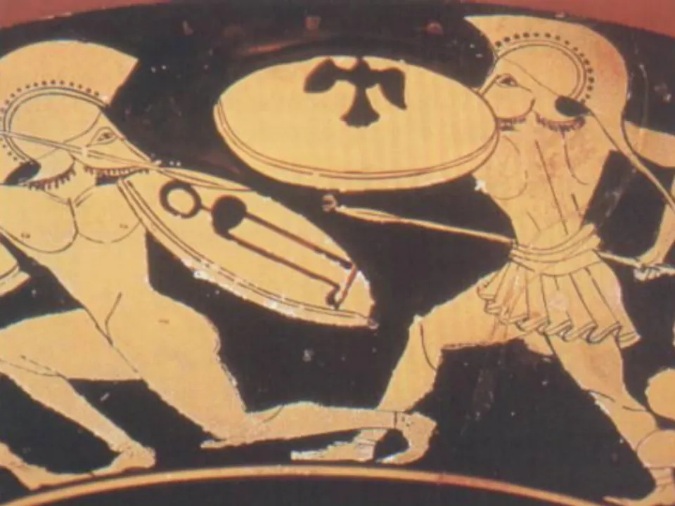 Greek pottery art showing two helmeted hoplite warriors fighting with shields and a spear in red-figure style