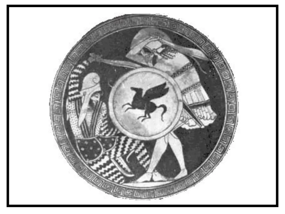 Round painted plate showing a hoplite with a winged-horse shield fighting a warrior in patterned clothing