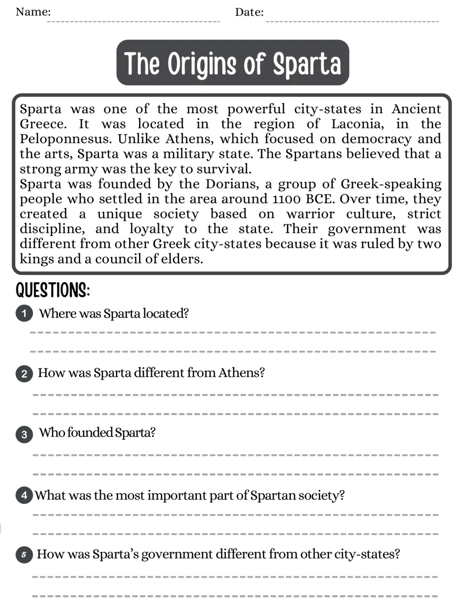 The Origins of Sparta: students read about Laconia, the Dorians and Sparta's two kings, then answer 5 questions