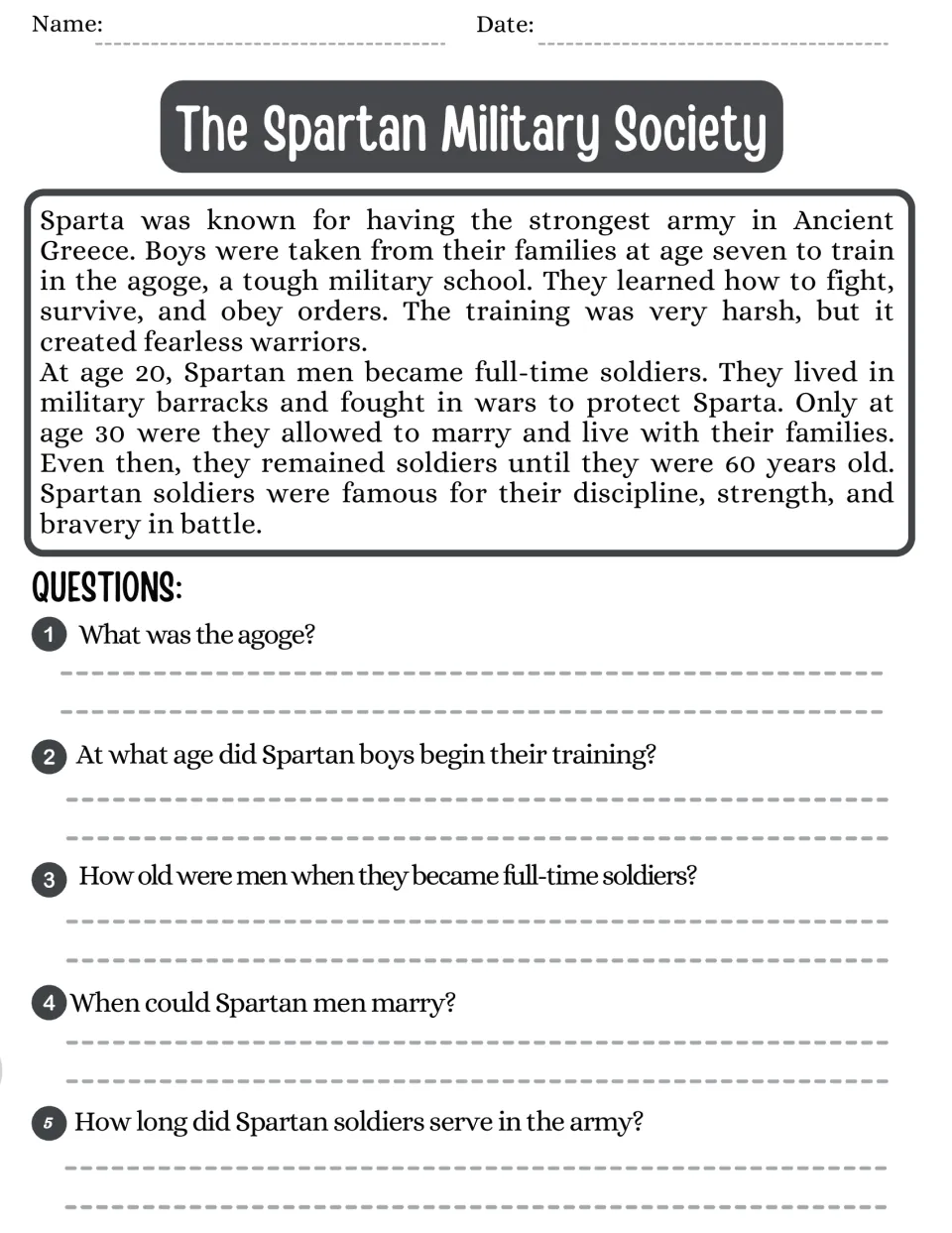 The Spartan Military Society: students read about agoge training and army service, then answer 5 recall questions