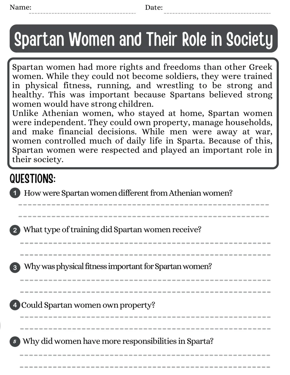 Spartan Women and Their Role in Society: students read about training and property rights, then answer 5 questions