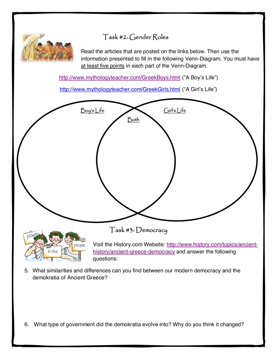 Gender roles and democracy: students fill a boys/girls Venn diagram from two articles, then compare demokratia to today