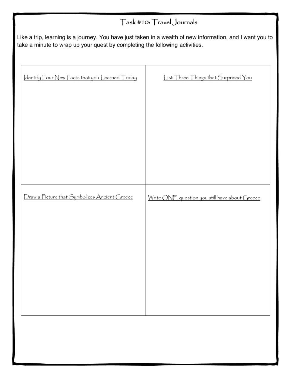 Travel journal wrap-up: students list four new facts and three surprises, draw a symbol of Greece and write one question
