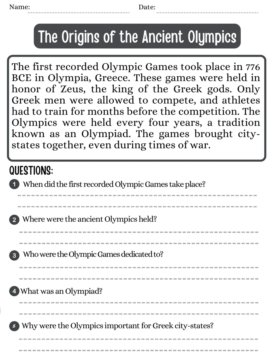 Reading passage and five questions on Olympic origins: 776 BCE, Olympia, Zeus, and the four-year Olympiad
