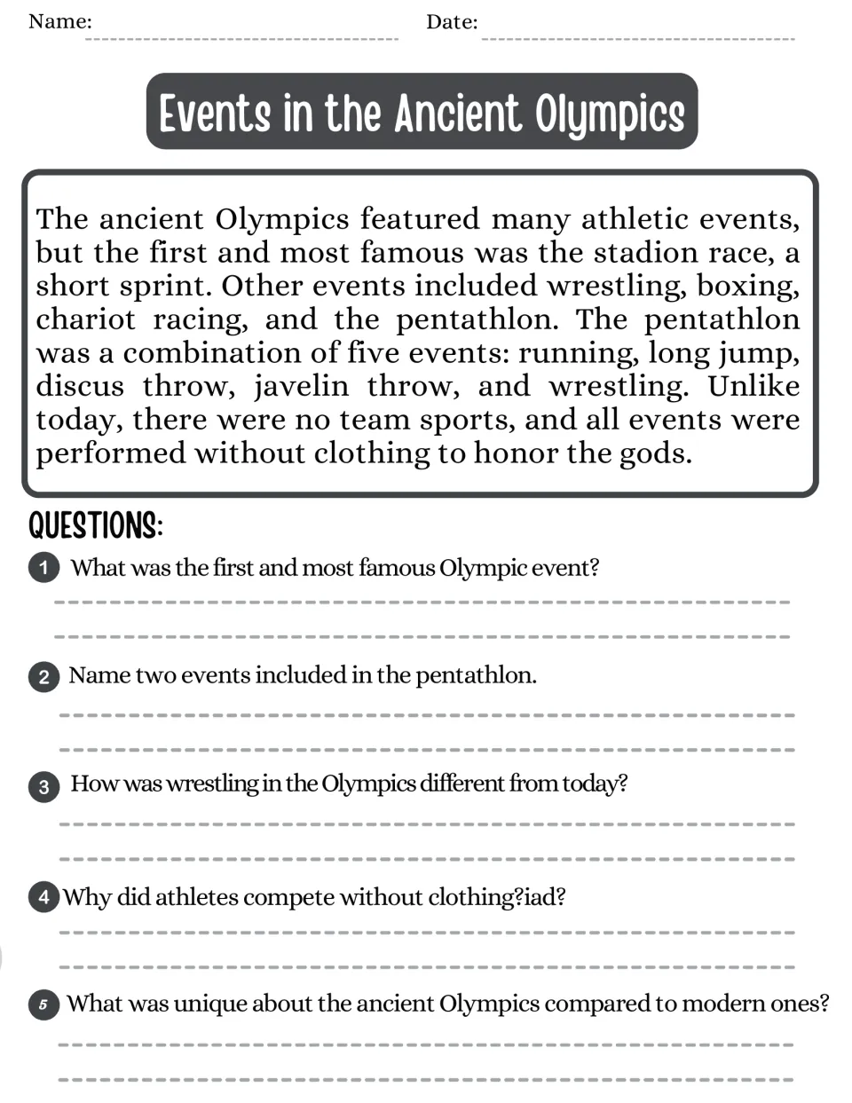 Reading passage and five questions on ancient Olympic events, including the stadion race and pentathlon