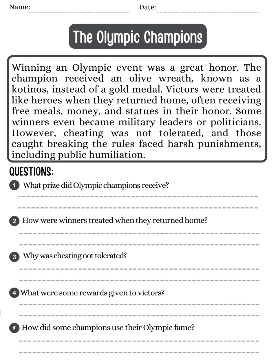 Reading passage and five questions on Olympic champions, olive wreath prizes, rewards, and cheating