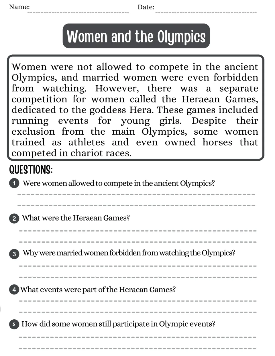 Reading passage and five questions on women in the ancient Olympics, the Heraean Games, and horse ownership