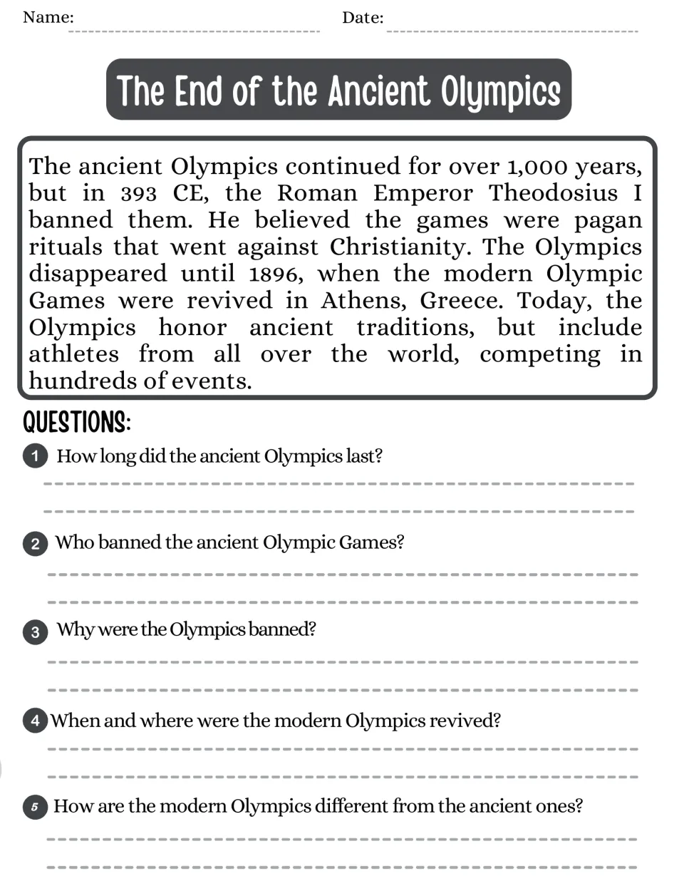Reading passage and five questions on the ancient Olympics’ end, Theodosius I, and the 1896 revival in Athens