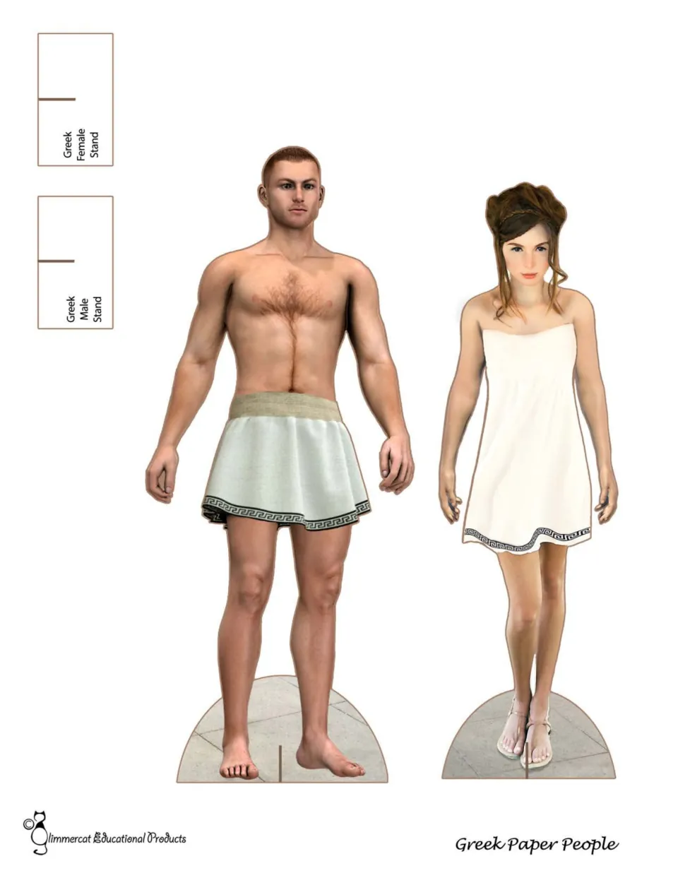 Greek paper-doll figure sheet: one male and one female in base clothing, with separate cutout stands