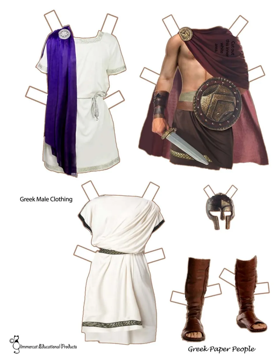 Greek male paper-doll clothing sheet: two tunics, a warrior outfit with shield and sword, helmet, and boots