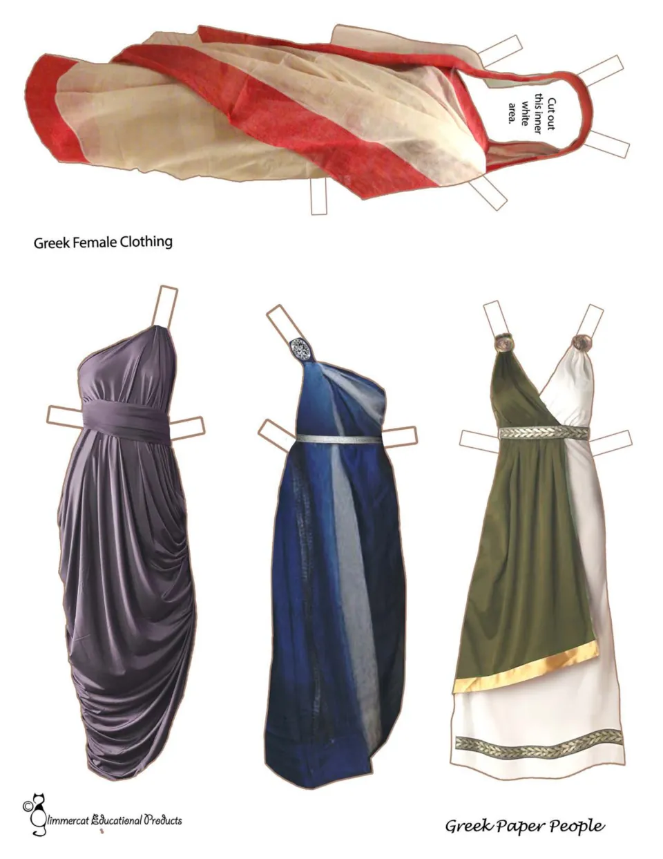 Greek female paper-doll clothing sheet: four cutout outfits in cream and red, purple, blue, and green