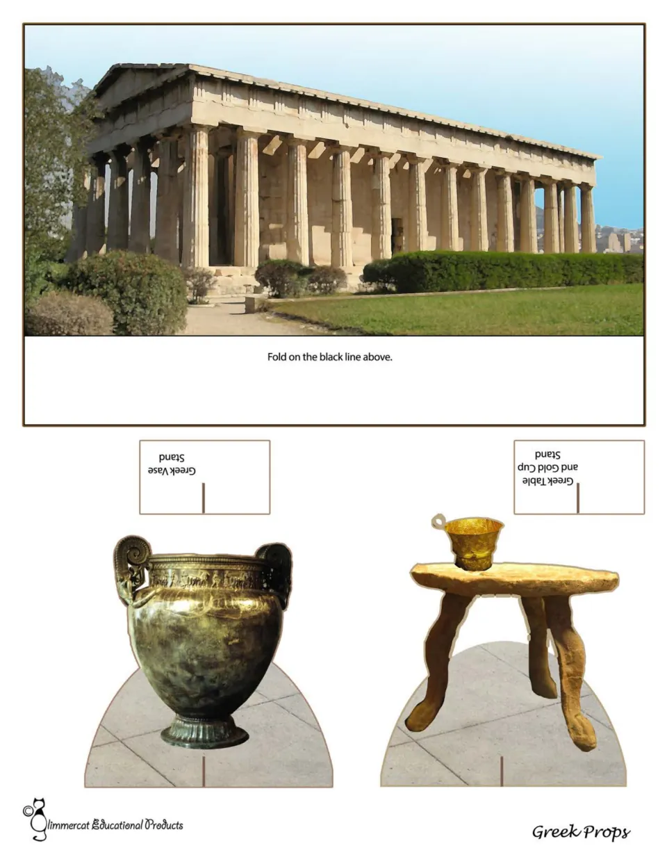 Greek paper-doll props sheet: a folding temple backdrop, a vase, and a table with a gold cup and stands