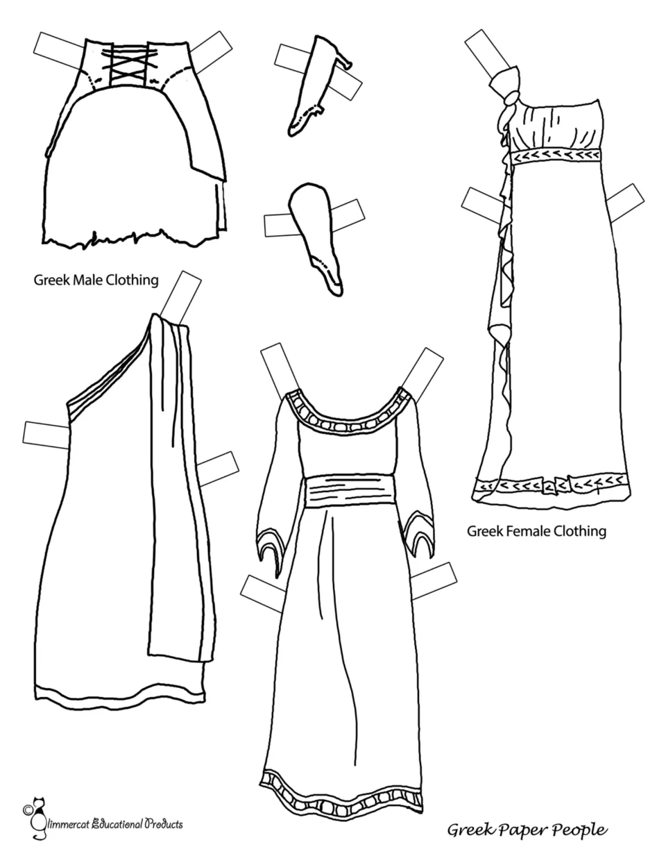Greek paper-doll clothing to color: male and female garments and footwear with tabs for cutting out