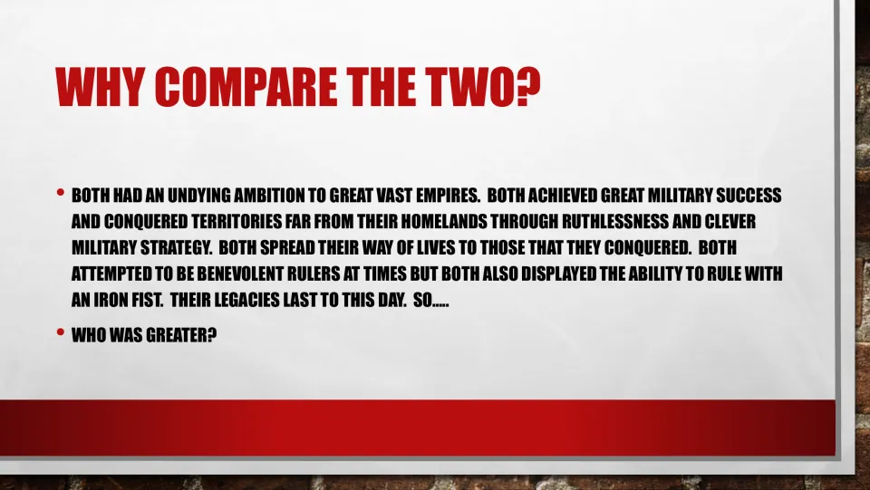 Comparison introduction highlights both rulers’ ambition, military success, ruling styles, and lasting legacies.