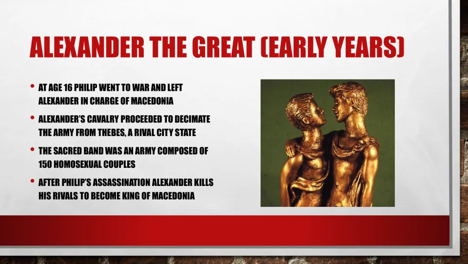 Alexander’s early years slide covers leadership at 16, fighting Thebes, the Sacred Band, and becoming king.