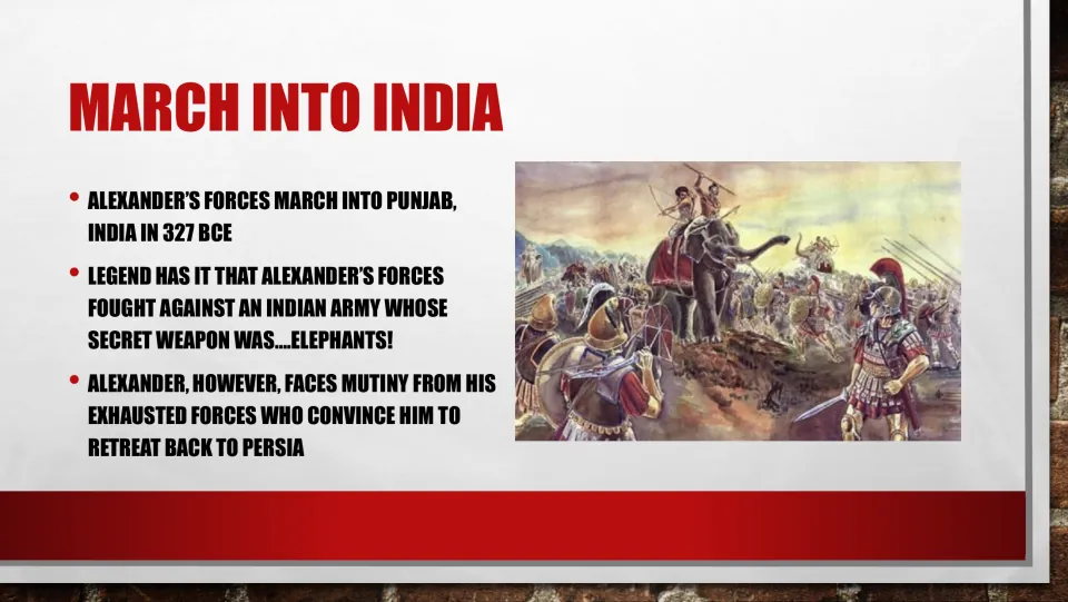 India campaign slide describes Alexander’s march into Punjab, opposing war elephants, and his troops’ mutiny.