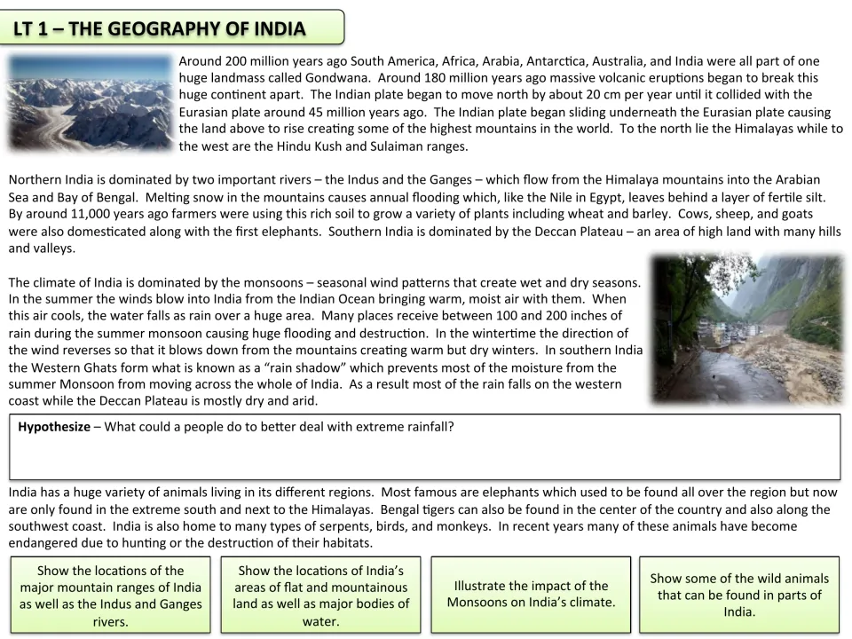 Geography of India reading on Gondwana, the Indus and Ganges, monsoons and wildlife; students hypothesize and map features