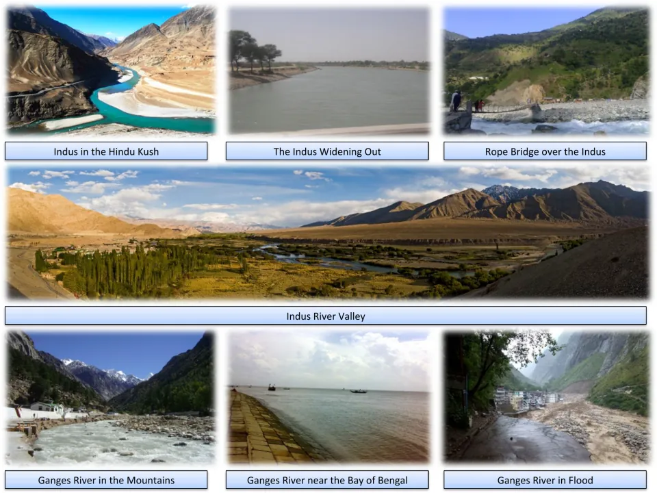 Indus and Ganges rivers in photos: Indus in the Hindu Kush, a rope bridge, the Indus Valley and the Ganges in flood