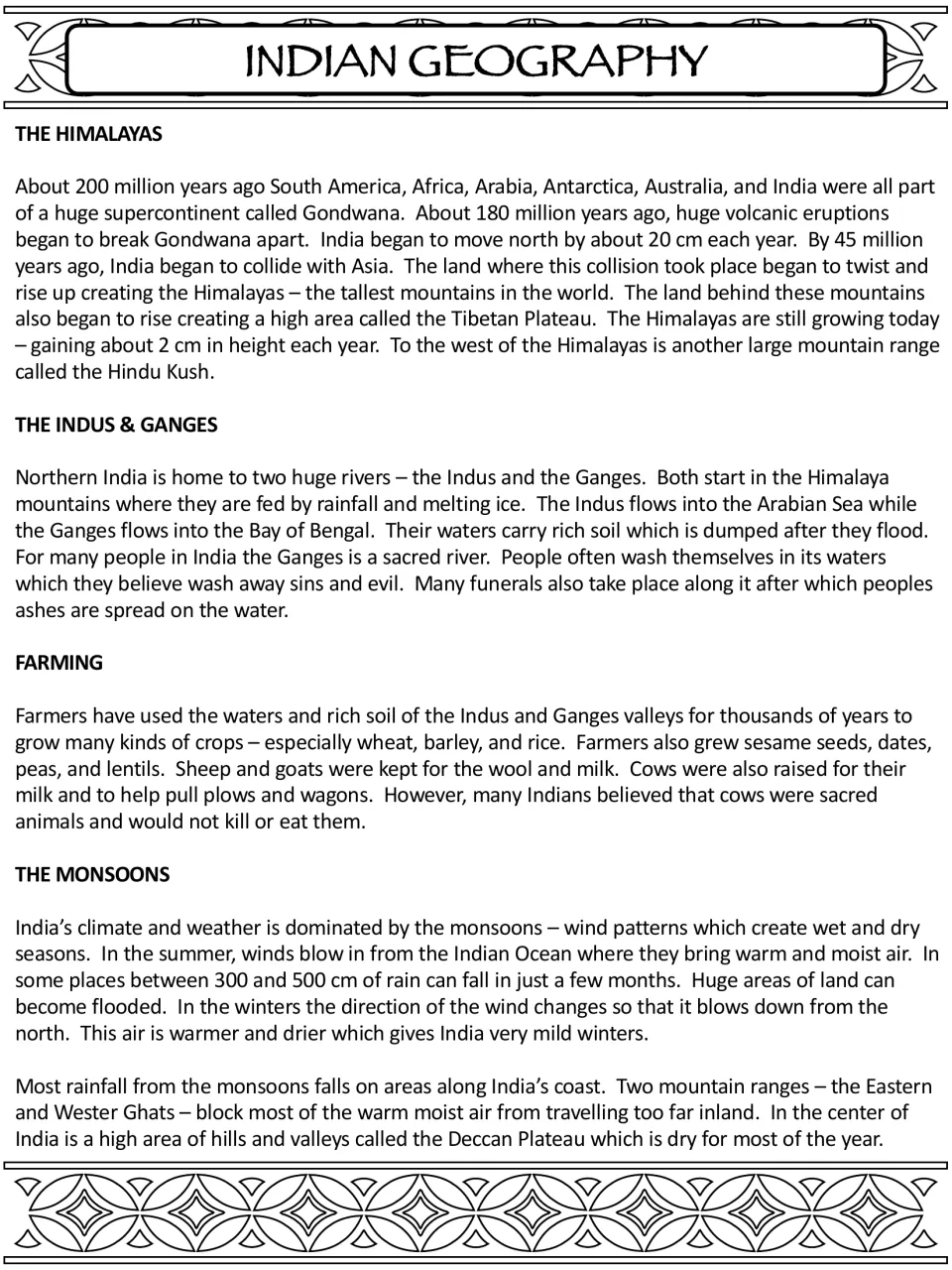 Indian geography reading split under headings: The Himalayas, The Indus & Ganges, Farming and The Monsoons